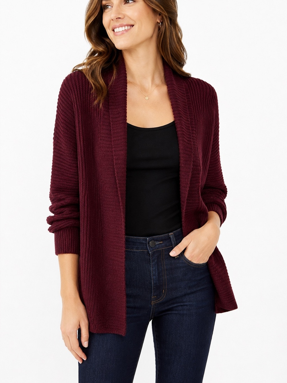 LOFT Burgundy Ribbed Shawl Collar Open Front Cardigan Sweater Size Medium